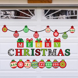 Whaline 36Pcs Merry Christmas Garage Door Magnets Decoration Xmas Ball Ornaments Gift Boxes Garage Door Decals Red Green Magnetic Refrigerator Stickers for Outdoor Party Home Car