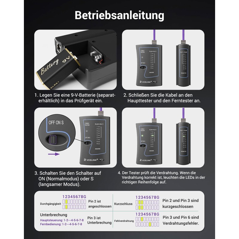 VCELINK Kabeltester, Netzwerktester Kabeltester für RJ45 RJ11 Kabel-Patchkabel-Leitungstester, LAN Tester,