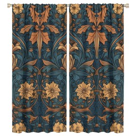 HZOHNAGO William Morris Retro Curtain Vintage Floral Style Flowers and Leaves Pattern Blackout Print Rod Pocket Window Drapes for Bedroom Living Room 42x45in