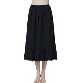 BEAUTELICATE Half Slip Underskirt 100% Cotton Women Petticoat Skirt Extender with Ruffle Lace Trim Long Tea Length 32'' Black S