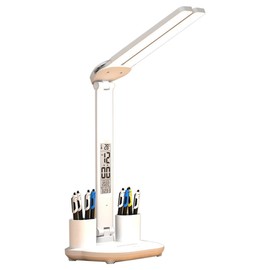 Luejnbogty LED Desk Lamp USB Dimmable Touch Foldable Table Lamp with Calendar Temperature Clock Night Light for Study Reading Lamp