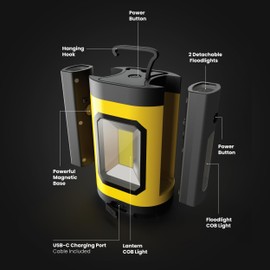Feit Electric LANRFL1000 LED Lantern, 1000 Lumens, 5000K Daylight, Rechargeable with USB-C, Detachable Side Lights with Flashlights, Compact and Portable for Worksites, Campsites & Emergency Lighting