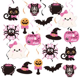 Decoración de Halloween para baby shower – A Little Boo is Almost Due Banner Decoración para tartas, lindo murciélago fantasma calabaza ropa de bebé para niña Little Boo Baby Shower Party Supplies