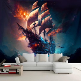 Arsey Ghost Pirate Ship Tapestry Sea Landscape Wall Cloth Ocean Sailboat Wall Rugs Psychedelic Aesthetic Decoration Bedroom Living Room Party Decoration Large Size 230 x 180 cm