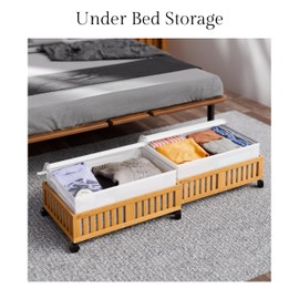 Vogueraa Bamboo (Wooden-Style) Under Bed Storage with Wheels and Lid - Decorative Wooden Rolling Storage Bin - Underbed Organizer - Natural Color, 16 x 12 x 7,5 in (2 Packs)