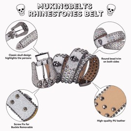 MUKINGBELTS Men Women Skull Rhinestone Belts Crystal Luxury Strap Studded Belt For Cowboy Cowgirl Jeans Pants, Silver, 44: Fit waist from 32"-34"