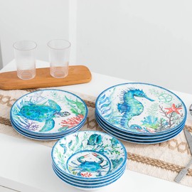 LEHAHA 12-Piece Melamine Beach Dinnerware Set, Coastal Plates and Bowls Sets, Oceanic Sea Life Dish Sets for 4, Great for Indoor Outdoor Dining on the Beach, RV, Camping or Cabin