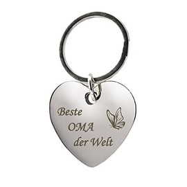 Geschenk-Fabrik Keyring – Heart with Engraving 'Beste Oma der Welt' with Butterfly – Metal in Chrome Style – Gift for Mother's Day or as a Gift for Grandmas for Any Occasion, silver