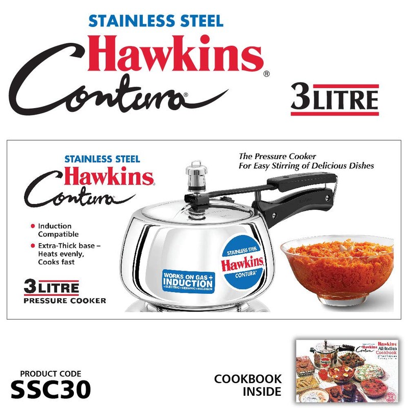 Hawkins 3 Litre Contura Pressure Cooker, Stainless Steel Inner Lid