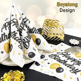 Birthday Napkins, Pack of 40, Happy Birthday Napkins, Black, Table Decoration, Birthday Napkins, Four-sided Print for Universal Napkin, Birthday Decoration, Boy Girl Party Decoration