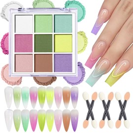 Nail Pigment Powder Palette, 9 Colors Solid Pigment Powder for Nails Ombre Gradient Aura French Manicure, Nail Art Palette Rub Dust Glitter Manicure Home DIY Decoration Accessories, Light Colors