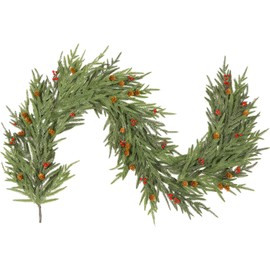 SHareconn 6FT Artificial Christmas Cedar Pine Garland, Cedar Pine Needles Greenery Seasonal Garland, Pine Cones and Red Berries for Fireplace, Wall, Indoor, Stairs Wall Christmas Decoration