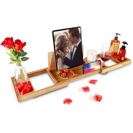 Bamboo Bathtub Caddy Tray, Expandable Bath Tray Table for Tub with Wine Glass Slot Book Phone Tablet Holder, Adjustable Bathroom Bathtub Organizer for Relaxing Bath Gift Idea