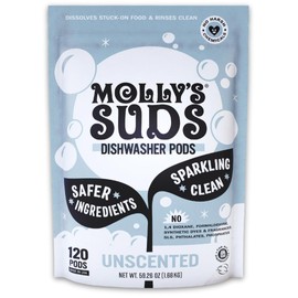 Molly's Suds Dishwasher Pods | Clean Dishwasher Detergent, Cuts Grease & Rinses Clean (Residue-Free) for Sparkling Dishes | 120 Auto-Release Tabs (Unscented)