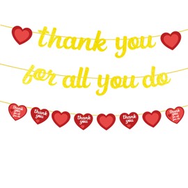 Thank You for All You Do Banner Gold Glittery Thank You Employee Teacher Garland Banner with red Glittery Heart-Shaped Pattern for Staff Employee Teacher Doctor Nurse Pastor Appreciation Party Decor