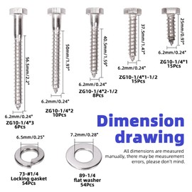 Glarks 162Pcs 1/4" 304 Stainless Steel Hex Lag Screws Assortment Kit Hex Lag Bolts with Flat Washers and Lock Washers Set for Fixing Metal, Wood, Plastic Materials