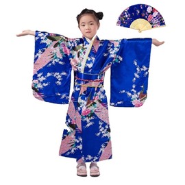 CRB Girls Kimono Japanese Costume Gown Outfit Dress 4 Piece Set (Height 130cm, Blue)