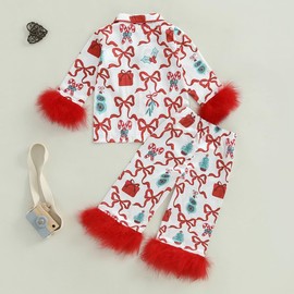 FULA-bao Baby Girls Boys Silk Christmas Pajamas Set Santa Claus Bows Satin Pj Sets Long Sleeve Button Up Shirts and Pants (Gifts Bow Red, 1-2T)