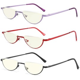 TOVEEN Half Lens Reading Glasses Blue Light Blocking, Half Moon Frame Semi Rim Spring Hinge Readers with Case for Men Women Black/Red/Purple 3 Pack +2.0