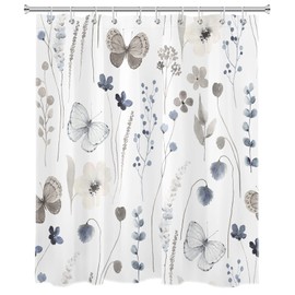 LB Grey Butterfly Shower Curtain for Bathroom,Vintage Watercolor Blue Floral and Eucalyptus Leaf Fabric Shower Curtain with Hooks,Spring Nature Floral Plant Bathroom Curtains Shower Set, 60x72 inches