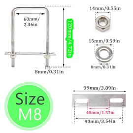 Hocansen 4 Set Square U Bolts M8 U Bolts Brackets with Nuts, Washer and Frame Plate 60x120mm Stainless Steel U Bolts Fastener for Car and Industrial Applications (US/M8-60x120mm)