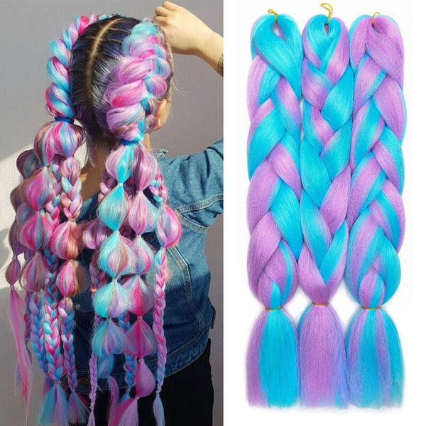 Hair Extensions 60 cm Crochet Braids Two Tone Ombre Braiding Hair Synthetic Braid 3 Pieces / 300 g - Sky Blue Mix Light Purple
