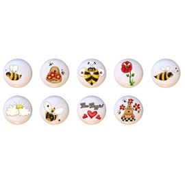 SET OF 9 KNOBS - Bee-Boppin' Country Bumble Bees Collection - DECORATIVE Glossy CERAMIC Cupboard Cabinet PULLS Dresser Drawer KNOBS