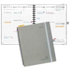 POPRUN Calendar 2026 Weekly Planner 26.5 x 21.5 cm, 17-Month Diary Ring Binder (Jan.2026-Dec.2026), Book Calendar 1 Week 2 Pages with Soft Cover - Grey