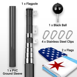 G128 Combo Pack: 25 Ft Telescoping Aluminum Flagpole (Black) & American and Chicago City Flags 3x5 Ft, Both ToughWeave Series Embroidered Polyester | Pole with Flags Included