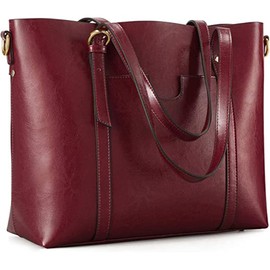 Kattee Genuine Leather Women Tote Bag Soft Handbags Vintage Shoulder Purses Fashion Top Handle Bag Large Capacity (Wine Red)