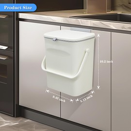 Soddeph 2.4 Gallon Hanging Trash Can with Lid,Wall-Mounted Plastic Compost Bin for Kitchen, Under Sink, Countertop Use, Small Garbage Can for Bathroom, Bedroom, or Office (Cream with Handle)