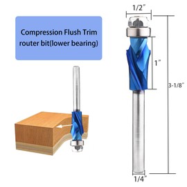 Compression Spiral Flush Trim Router Bit Bottom Bearing 1/2 inch Cutting Dia with 1/4 inch Shank with Nano Coated Pattern Solid Carbide Template Woodworking Tool FRCB3
