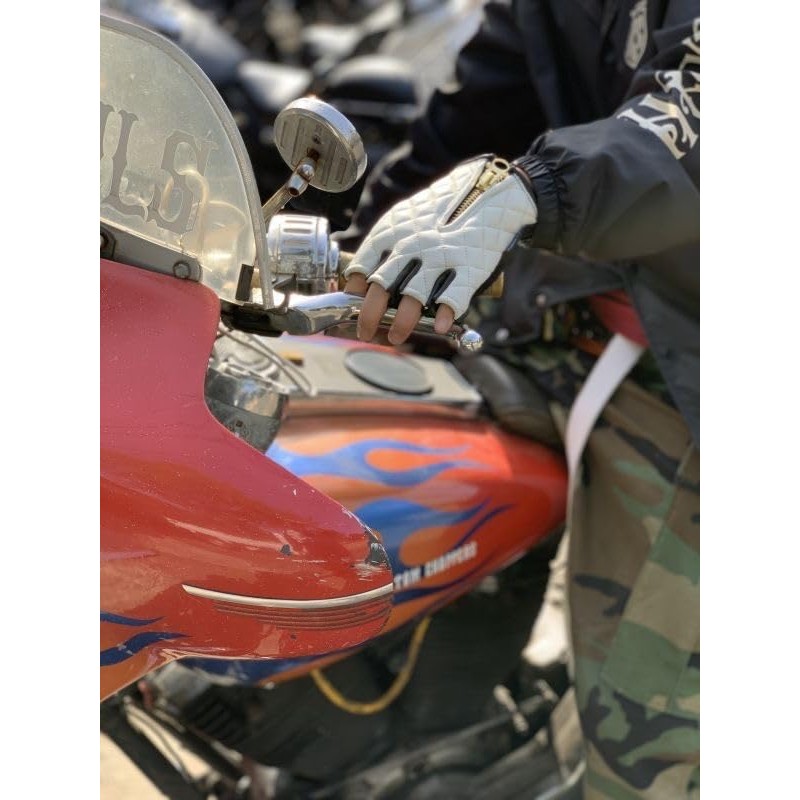 CHOPPERS Half Finger Gloves White & Black Large Cowhide Motorcycle