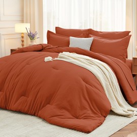 MUXHOMO 7 Pieces King Comforter Set, Soft Bed in a Bag King Size, All Season Bedding Set with Comforter, Flat Sheet, Fitted Sheet, Pillowcases & Shams, Burnt Orange