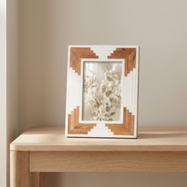 Sleek Resin Photo Frame with Cascading Wood Design for Home Decor Chic Picture Frames for Living Room Centerpiece, Tabletop, and Shelf Styling - Decorative Frame for Office Desk - 9", White & Brown