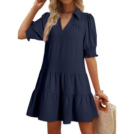 Dokotoo Dresses for Women Short Dress Casual Summer Lapel Collared V Neck Mid Sleeved Pleated Resort Wear Stretch Cuff Summer Dresses for Women 2025 Navy Blue Medium