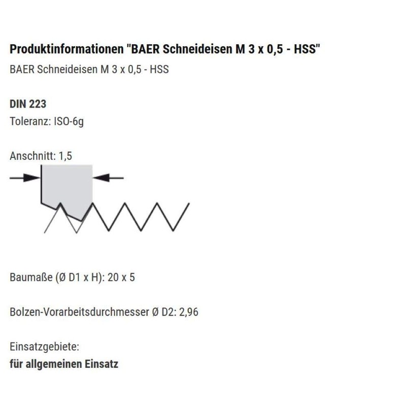 Baer M3 HSS Die - M 3 x 0.5 -