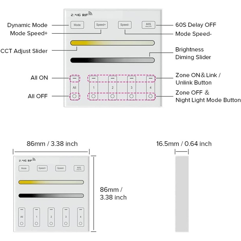 BTF-LIGHTING WR02RF Wireless 2.4G RF 4 Zones CCT Color Temperature