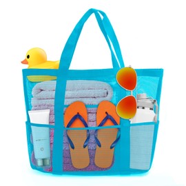 Beach Bag with Zip XXL Family Mesh Swimming Bag with Waterproof Bag Swimming Pool Bag Large Beach Bag Travel Bag Shopping Bag Handbag Sports Bag for Men and Women, light blue, XXL