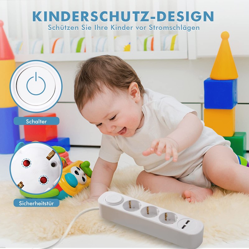Mehrfachsteckdose mit USB, Realmade 3 Fach Steckdose, Verlängerungskabel Weiß 1,5m