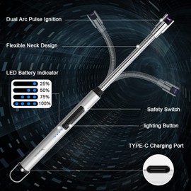 SUPRUS Electric Candle Lighter USB Type C Rechargeable Lighter Steel Shell & Hanging Hook with 360° Flexible Neck(Silver)