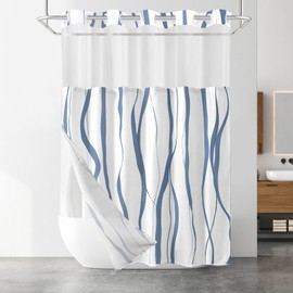 SSCRCUSLY No Hook Shower Curtain with Snap in Liner Set, Blue and White Striped Design, Waterproof Washable Fabric Hotel Shower Curtains for Bathroom Decor with See Through Mesh Top Window 71x84 Inch