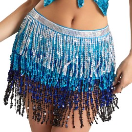 Wuchieal Belly Dance Skirt Hip Scarf Dance Hip Belt Latin Dance Hula Hip Scarf, Silver&blue&black, One Size