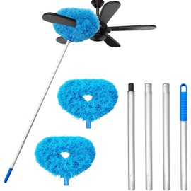 Washable Ceiling Fan Cleaner, Microfiber Duster with Telescopic Extension Rod, Suitable for Cleaning High Ceiling Fans, Furniture, Blinds, Cars (Blue)
