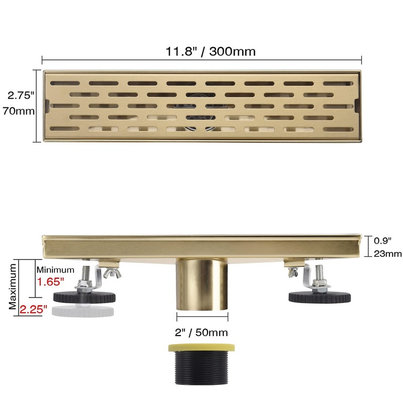 DEOKXZ Linear Shower Drain 12 Inch Brushed Gold,Rectangular Shower Drain