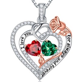 TINGN Mothers Day Gifts for Mum Wife, 925 Sterling Silver January May Birthstone Necklace Garnet Emerald Jewellery Rose Heart Anniversary Necklace Gift for Her Wife Birthday Gifts