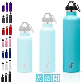 Day 1 Fitness Botella de agua de acero inoxidable boca estándar con mosquetón (18 oz, 23 oz, o 27 oz) – 3 tamaños y 8 opciones de color – Aislado al aspiradora, doble pared, a prueba de sudor, termo, Verde azulado, 27 oz.