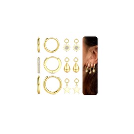 Gold Hoops Earrings for Women Hypoallergenic Sterling Silver Hoop Earrings with Dainty Dangle Charm 14K Gold Plated Drop Earring Stack Small Huggie Earring Set for Helix Cartilage Piercing Sun