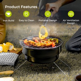 Royalford Compact Charcoal BBQ - Round Charcoal BBQ Stand with Grill – Folding Portable BBQ Grill Smoker Barbecue for Outdoor Cooking Camping Picnics Backyard Party, Black