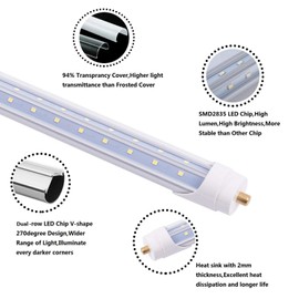 WAHADI 6-Pack 5FT 48W T8 LED Tube Light Daylight 6000k V-Shaped Dual Row Extrabright LED Chips FA8 One Pin Base 5 Foot LED Bulbs to Replace T8 T10 T12 Fluorescent Light